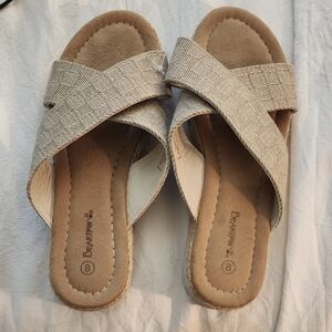 BearPaw Beige Cross-Strap Slide Sandals